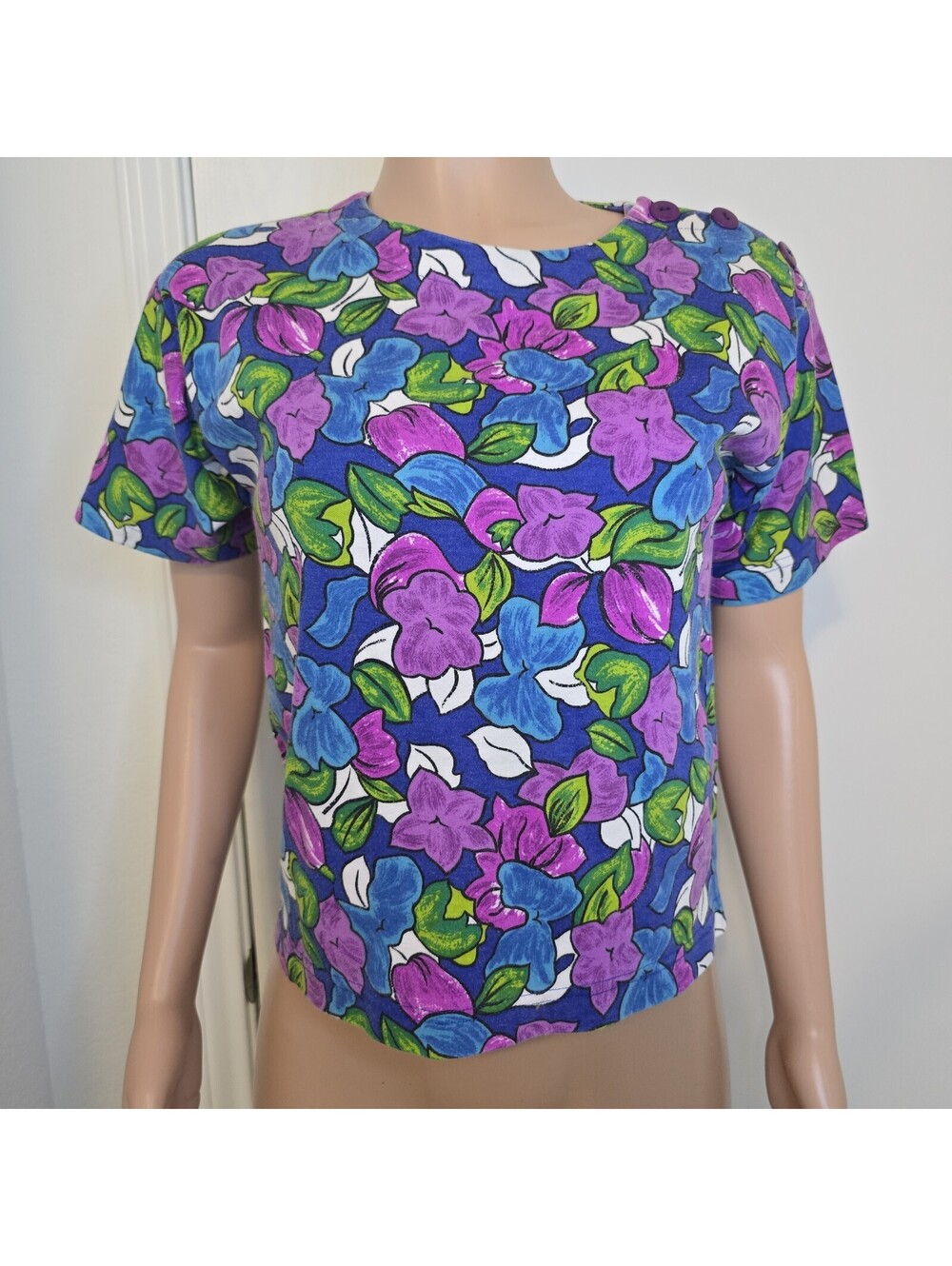 VTG 90s Abstract Floral Button Sleeve T-Shirt Blue Purple Sz S Granny Maximalist
